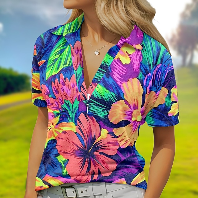  Per donna POLO Rosso Manica corta Protezione solare Superiore Floreale Abbigliamento da golf da donna Abbigliamento Abiti Abbigliamento