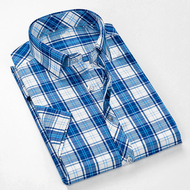 Men's Dress Shirt Button Up Shirt Plaid Shirt Collared Shirt Sea Blue ...