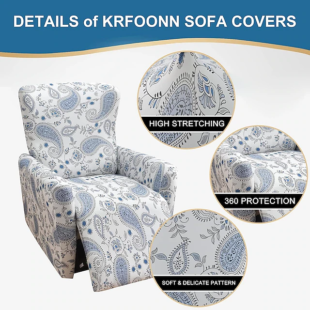 Reclining Couch Covers One Seat Recliner Chair Slipcovers Furniture Cover for Recliner Couch Cover Floral with Elastic Bottom(Include 1 Backrest Cover, 1 Seat Cover, 2 Armrest Cover) 24