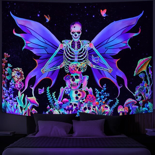 Halloween Skull Blacklight Tapestry UV Reactive Skeleton Butterfly Trippy Misty Mushroom Floral Hanging Tapestry Wall Art Mural for Living Room Bedroom Halloween Decorations 11