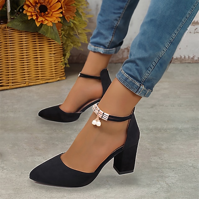  Women's Heels Pumps Sandals Valentines Gifts Dress Shoes Block Heel Sandals Office Daily Solid Color Imitation Pearl High Heel Chunky Heel Pointed Toe Elegant Fashion Cute Faux Suede Buckle Black Gray