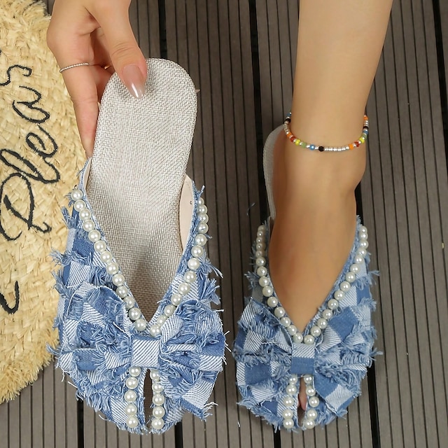  Pentru femei Papuci Sandale plate Pantofi sexy Pantofi de confort Zilnic Culoare solidă Floral Vară Imitație de Perle Floare de satin Legătură Panglică Toc Drept Vârf rotund Elegant Casual