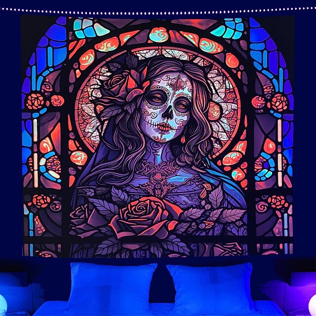Halloween Skull Blacklight Tapestry UV Reactive Day of Dead Hanging Tapestry Wall Art Mural for Living Room Bedroom Decorations 14