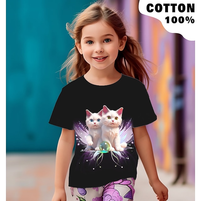  Voor meisjes 3D Grafisch Regenboog Kat T-shirt Korte mouw 3D-afdrukken Zomer Lente Actief Modieus leuke Style 100% katoen Kinderen 3-12 jaar Buiten Casual Dagelijks Normale pasvorm