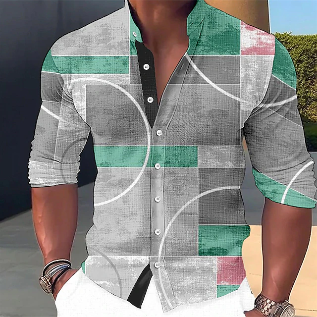 Men's Shirt Linen Shirt Color Block GraphicGeometry Stand Collar Pink ...