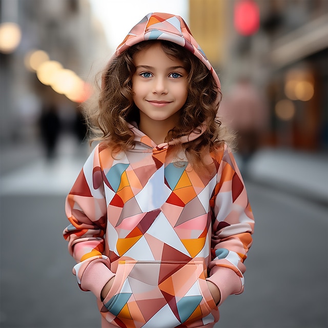  Flickor 3D Grafisk Geometrisk Färgblock Huvtröja Långärmad 3D-tryck Sommar Vår Höst Aktiv Mode söt stil Polyester Barn 3-12 år Utomhus Ledigt Dagligen Normal