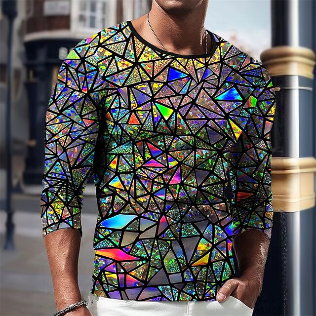 Men's Graphic Geometric T Shirt Long Sleeve T shirt 3D Print Crew Neck Shirt Vintage Fashion Designer Outdoor Daily Sports Royal Blue Blue Green Spring &  Fall Clothing Apparel S M L XL 2XL 3XL4
