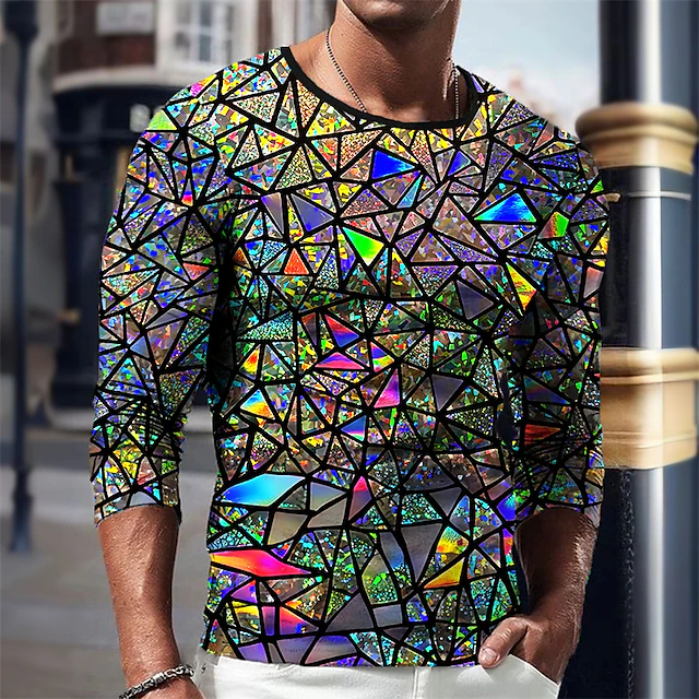 Men's Graphic Geometric T Shirt Long Sleeve T shirt 3D Print Crew Neck Shirt Vintage Fashion Designer Outdoor Daily Sports Royal Blue Blue Green Spring & Fall Clothing Apparel S M L XL 2XL 3XL4