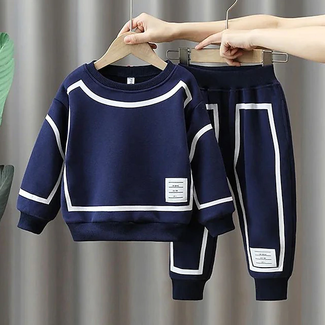 2 Pieces Kids Boys Hoodie & Sweatpants Set Clothing Set Outfit Stripe Long Sleeve Cotton Set Outdoor Sports Fashion Daily Spring Fall 3-7 Years Navy Blue Light Grey 9