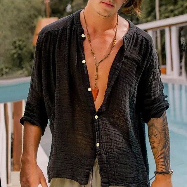 Men's Shirt Cotton Linen Shirt Chinese Collar Shirt Mandarin Collar Shirt Summer Shirt Beach Shirt Plain Vacation Hawaiian Black Khaki Long Sleeve Lapel Spring & Summer Clothing Apparel Basic 7