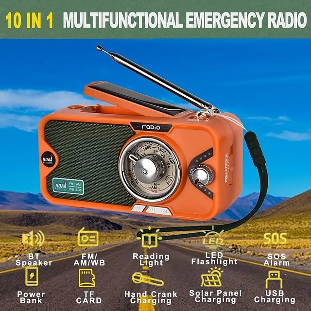  3600mAh Emergency Crank &NOAA Weather Radio Hand Crank/Solar/USB ChargingPortable Radio With (AM FM /WB) Radio With Other Function For BT Speaker &Flashlight& Phone Charger&Power Bank & MP3 Playe