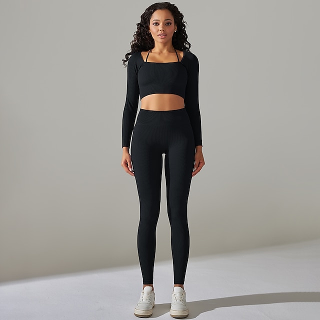 Women's Workout Sets 2 Piece Cropped Solid Color Clothing Suit Black ...