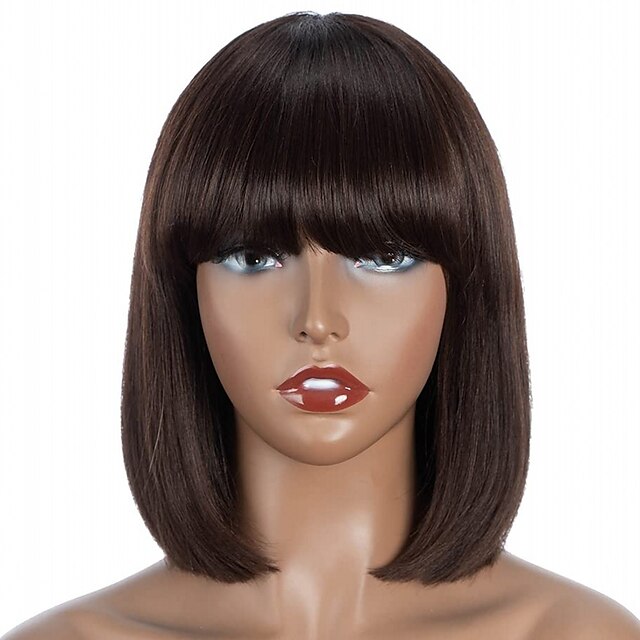 Straight Short Bob Wig Human Hair With Bangs 1x4 Lace Glueless Cut Bob Wigs Realistic Look Scalp 4523