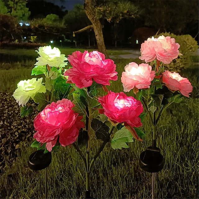  3 teste di peonia solare simulazione esterna fiore lampada led fiore artificiale terra lampada giardino e cortile luci decorative festa festa luci decorative