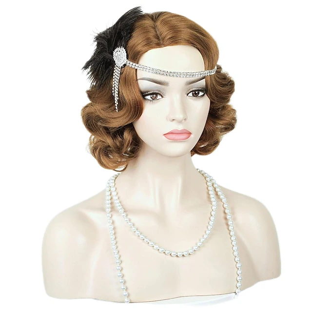 Brown 1920S Flapper Wavy Wig Finger Wavy Vintage Wig Side Parting 1960S ...