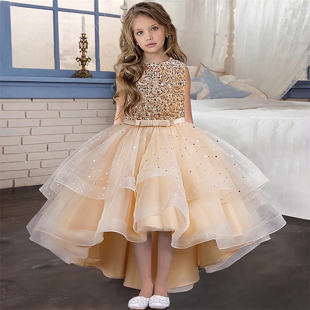  Flower Girl's Dress Solid Color Sleeveless Wedding Special Occasion Sequins Mesh Fashion Adorable Elegant Polyester Maxi Party Dress Feather Dress Swing Dress Summer Spring 3-13