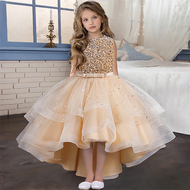 Kids Girls' Dress Party Dress Solid Color Sleeveless Performance Wedding Special Occasion Sequins Mesh Elegant Fashion Adorable Polyester Maxi Party Dress Feather Dress Swing Dress Summer Spring 3-13 22