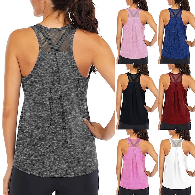  Women's Yoga Top Patchwork Racerback Light Blue Black Mesh Fitness Gym Workout Running Tank Top T Shirt Sport Activewear 4 Way Stretch Breathable Moisture Wicking High Elasticity Loose Fit