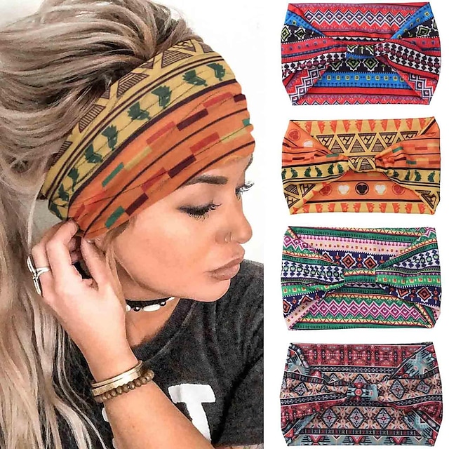  1PC African Headbands for Women Wide Knotted Headband Turban Elastic Hairbands Non Slip Hairband Floral Boho Head Bands Workout Head Wraps Running Yoga Cotton Head Scarfs Bohemian Hair Accessories for Women and Girls