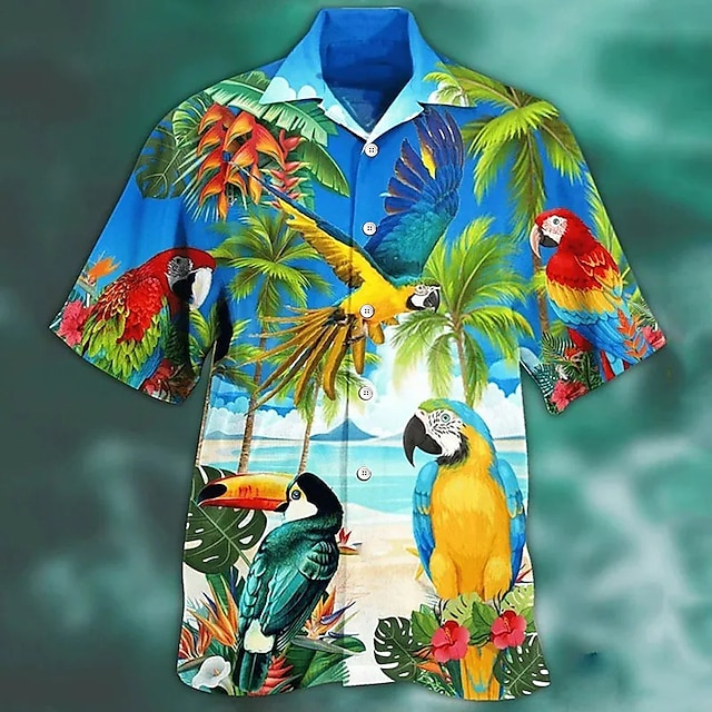 Men's Shirt Summer Trendy Hawaiian Shirt, Camp Collar Shirt Graphic Shirt  Aloha Shirt, Parrot Turndown Yellow Light Green Pink Red Blue 3D Print -  Trendy Aloha