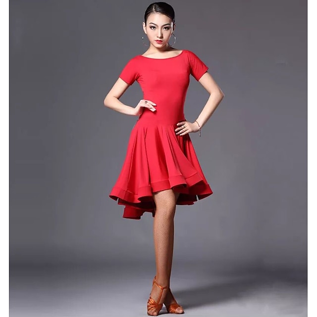  χορός salsa latin χορευτικό φόρεμα καθαρού χρώματος γυναικεία προπόνηση performance κοντομάνικο ψηλό πολυ