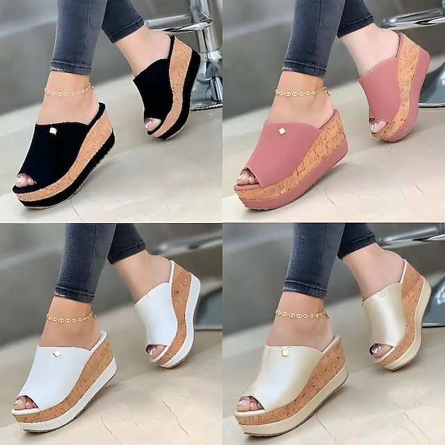  Women's Mules Platform Sandals Corkys Sandals Daily Color Block Summer Platform Wedge Heel Peep Toe Casual PU Leather Faux Suede Loafer Black White Pink
