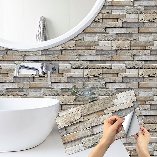  7 pçs adesivo de parede de pedra artificial 3d papel de parede de vinil autoadesivo decoração floral para casa de banho cozinha 5,5 x 11 polegadas