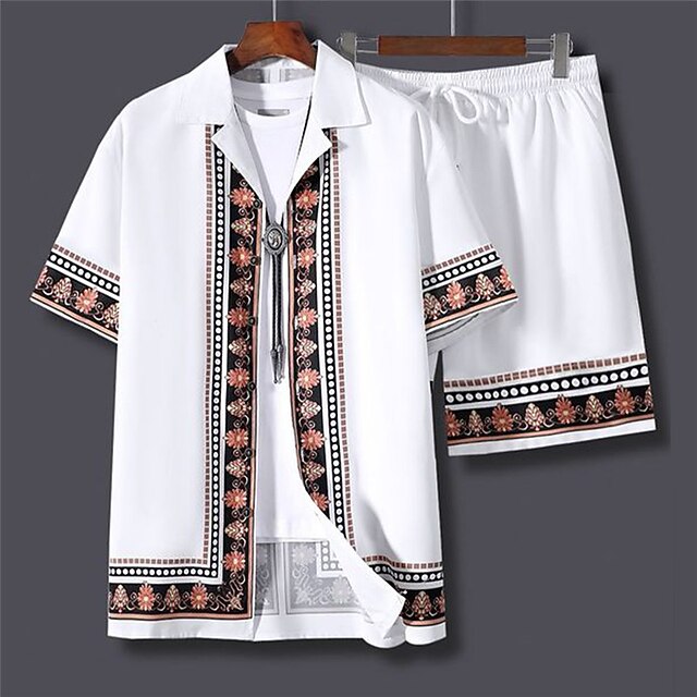 Men's Floral Print Totem Ethnic 2pcs Shirts Sets Summer Hawaiian Shirt Short Sleeve Short Pants Cuban Collar Fashion Streetwear Hawaiian Outdoor Street Daily Print Summer Spring White4