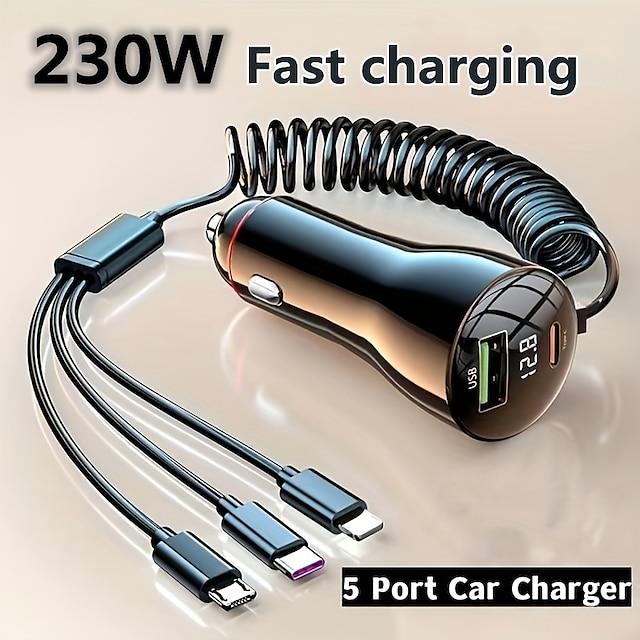  Fast Phone Car Charger Adapter USB C 5-port 230W Charging With 3 In 1 Cable For IPhone 14 Pro Max 13 12 Samsung Galaxy S23/22 Google Pixel