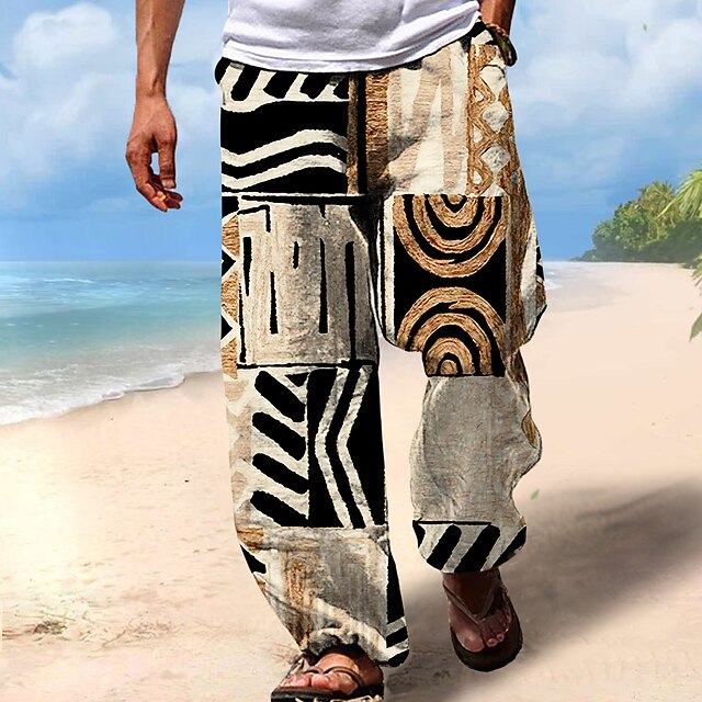 Christmas Beach Pants Tribal Geometric Pattern Mens Graphic | Summer Daily Holiday Brown Cotton | African | Trousers Drawstring Elastic Waist 3D Print Color Block Prints Comfort Casual3