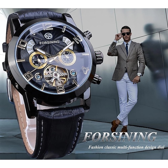  forsining ανδρικό μηχανικό ρολόι πολυτελείας μεγάλο καντράν μόδας επαγγελματικό ημερολόγιο ημερομηνία ημερομηνία εβδομάδα δερμάτινο ρολόι