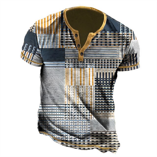 Fathers Day Cityscape T-Shirt Mens Graphic Henley Stripe Clothing Apparel 3D Print Outdoor Daily Short Sleeve Button Down Fashion Designer Comfortable Checkered Casual Grey Geometric Pattern Cotton Bu4