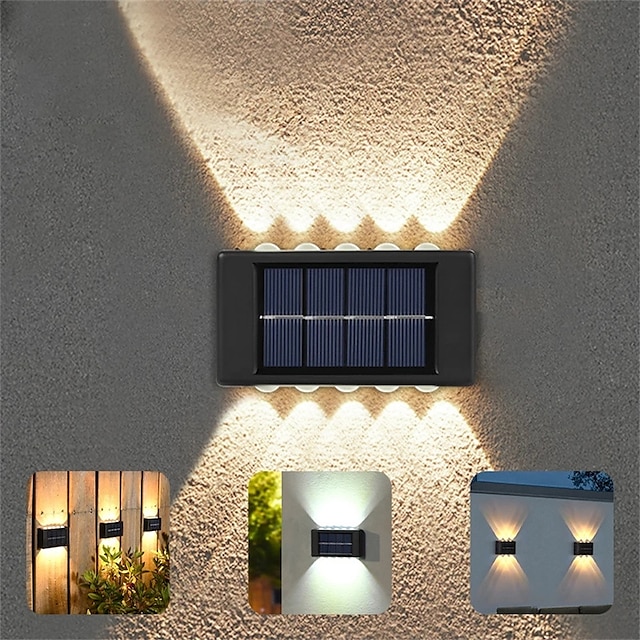  Lámpara de pared solar de 10 ledes, luces solares impermeables para exteriores, iluminación luminosa hacia arriba y hacia abajo para jardín, calle, paisaje, balcón, decoración al aire libre