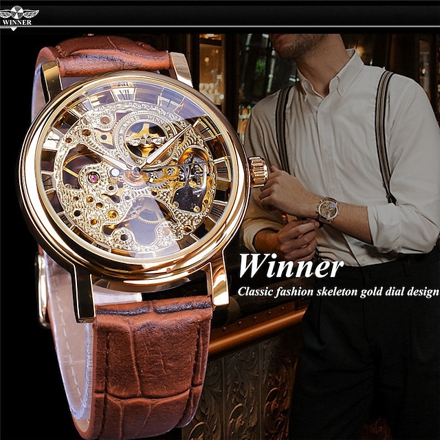  Winner Transparent Fashion Case Luxury Casual Design Leather Strap Mens Watches Top Brand Luxury Mechanical Skeleton Watch