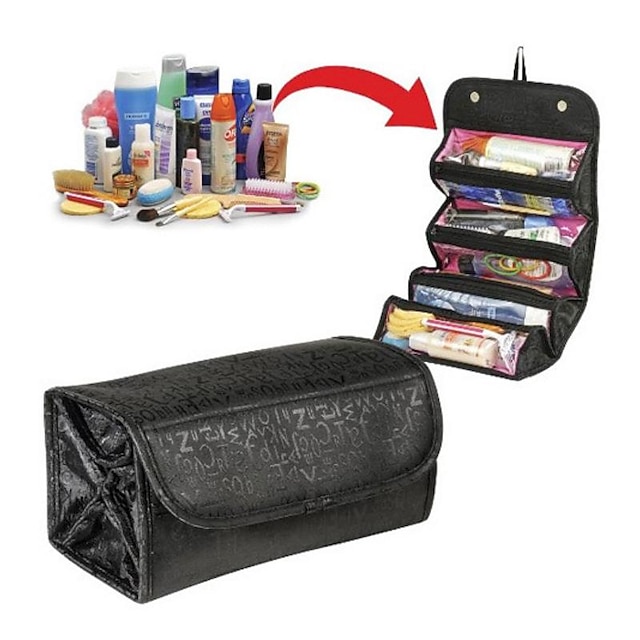  roll-up kozmetikai táska, utazási roll-up mosdótáska mappa lógó összecsukható kozmetikai táska piperetáska - fekete, szabad méret