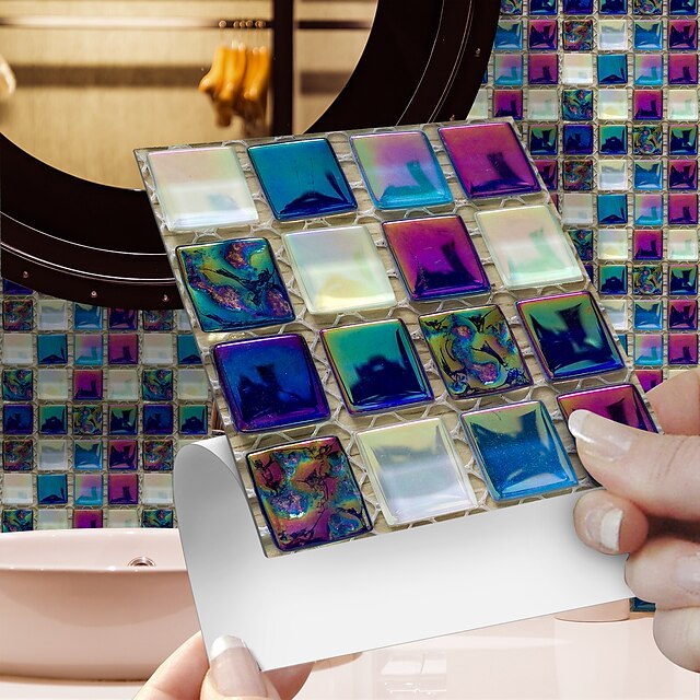  10pcs Mosaic Tile Sticker Waterproof Bathroom Wall Decoration Self-Adhesive Kitchen Oil Proof Wall Sticker Wall Decals 10*10cm