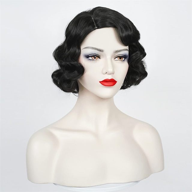  κυματιστή περούκα γυναικών μαύρη δεκαετία του 1920 vintage flapper περούκα κυρία rockabilly κοντή σγουρή περούκα αποκριάτικο πάρτι cosplay κοστούμι συνθετικά μαλλιά