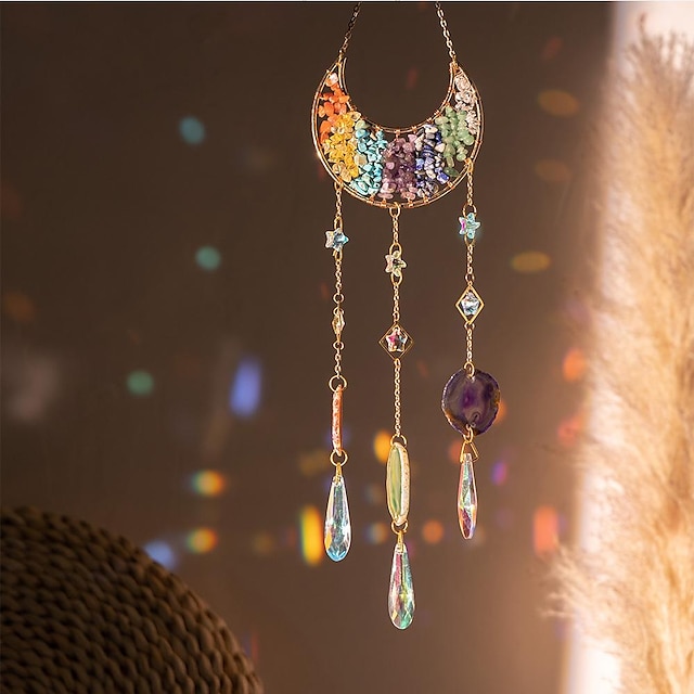 Moon Crystal Suncatcher Colorful Crystal Pendant Chandelier Rainbow Create Hanging Ornament Wall Hanging Tree Window Prism Ornament for Room Home Office Garden Decor