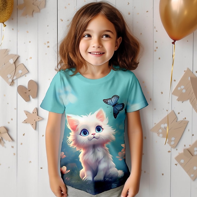  Tyttöjen 3D Kuvitettu Piirretty Kissa T-paita Lyhythihainen 3D-tulostus Kesä Kevät Aktiivinen Muoti söpö tyyli Polyesteri Lapset 3-12 vuotta ulko- Kausaliteetti Päivittäin Normaali