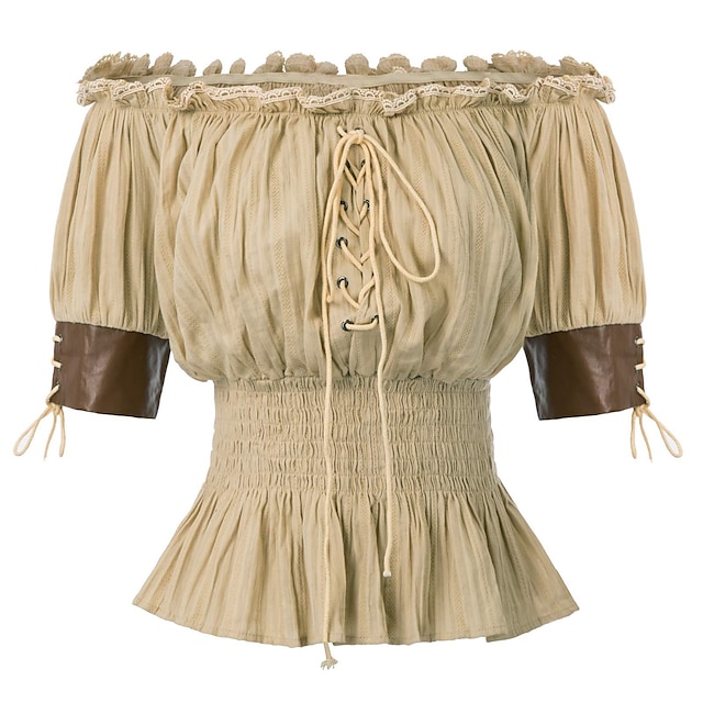  Women's Medieval Blouse Renaissance Victorian Retro Vintage Half Sleeve Lace-Up Boho Off Shoulder Tops