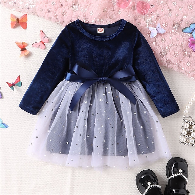  Toddler Girls' Dress Star Moon Long Sleeve Outdoor Mesh Fashion Daily Polyester Mini Velvet Dress Casual Dress Tulle Dress Fall Winter 3-7 Years Blue