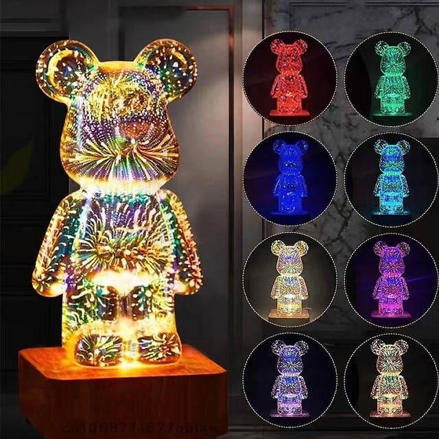  Lámpara de cristal de oso de fuegos artificiales 3d, luz nocturna de ambiente colorido, decoración de escritorio para habitación, proyector led rgb, regalo de decoración romántica para dormitorio