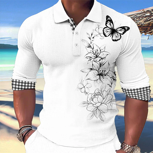 Kentucky Derby Men's Butterfly Hawaiian Polo Shirts Golf Shirt Long Sleeve Polo Shirts Collared Shirts Casual Beach Wear Vacation Wear Party Outfits 3D Print Buttons White Pink Blue 6