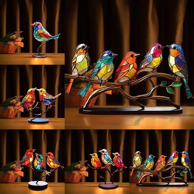 Stained Birds On Branch Desktop Ornaments,Metal Flat Vivid Birds ...