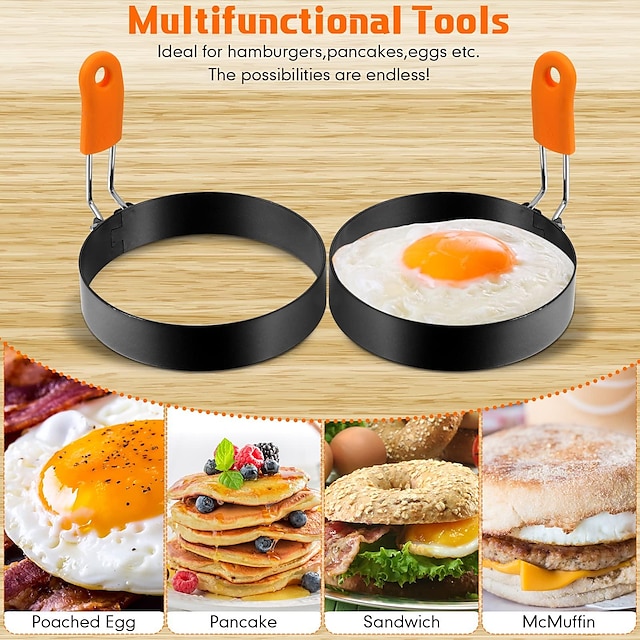  Eierring-Pfannkuchenring-Set aus Edelstahl, Spiegelei-Ring-Pfanne, Pfannkuchenformer mit orangefarbenem Silikongriff für Frühstück, Omelett-Sandwich