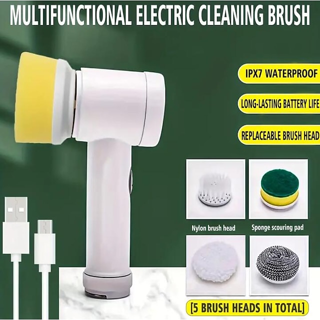  Electric Spin Scrub-BER Rechargeable Cleaning Tools, Electric Cleaning Brush with 5 Brush Heads, Electric Scrub-BER Suitable for Bathroom Wall Kitchen, Cleaning Tools