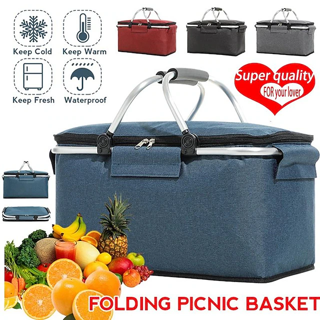 24L High Quality Picnic Insulated Folding Handle Picnic Basket Cooler Camping Picnic Basket -Grocery Basket- Laundry Basket -Market Basket-Insulated Strong Aluminum Frame basket Oxford Cloth 12