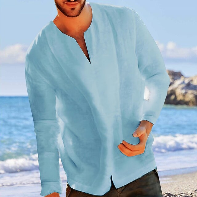  Per uomo Camicia camicia di lino Camicia estiva Camicia da spiaggia Blu chiaro Nero Bianco Giallo Manica lunga Tinta unica Colletto Estate Primavera Strada Hawaiano Abbigliamento