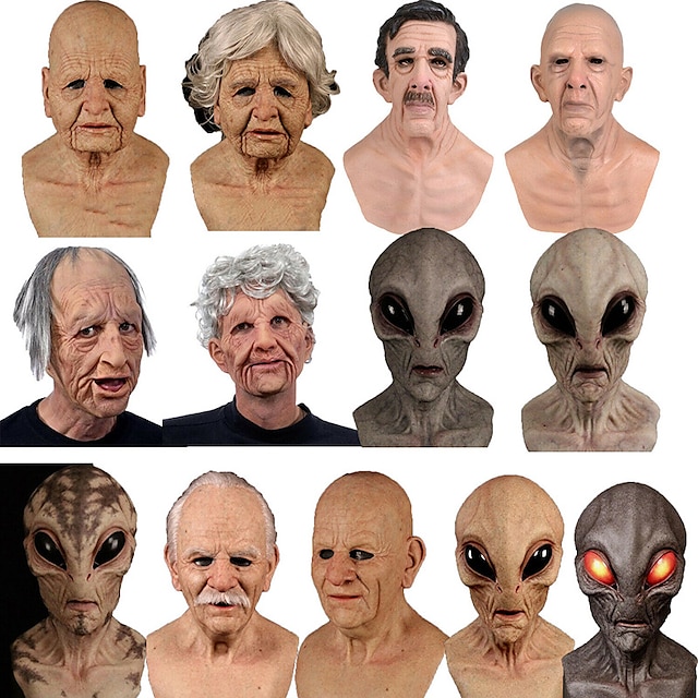  cosplay máscara de velho ufo alienígena cobertura de cabeça careca bonito jovem beleza velha avó cos máscara facial completa