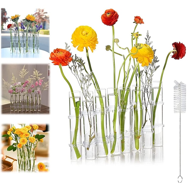  Hinged Flower Vase, 2023 New Creative Foldable Flower Vase Set, Foldable Flower Vase with Hinged Design, Shape Changeable DIY Crystal Glass Test Tube with 6/8 Test Tubes and S-Shaped Hooks
